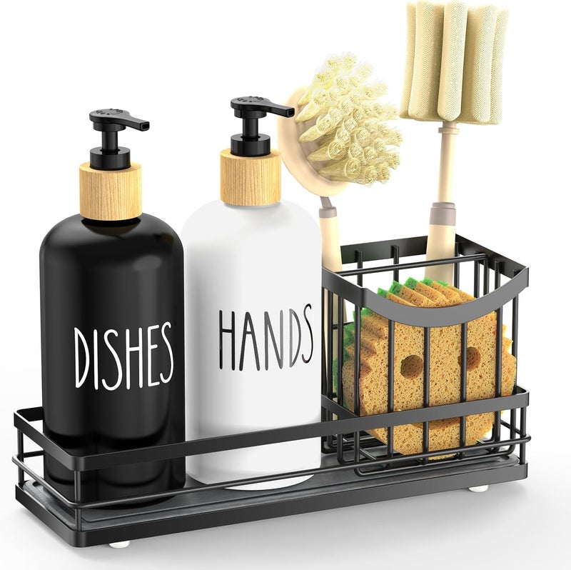 Moforoco Kitchen Dish Soap Dispenser Set, 16OZ Glass Bottle, Hand and Dish Soap Dispenser Set, Instant Dry Tray, Non-Slip Silicone Pad, Brush Holder with Sponge Holder, Kitchen Decor - Image 2